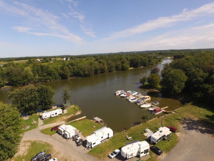 Arial photograph of marina found at Riverforest Park Campground, Restaurant & Marina in Weedsport, NY